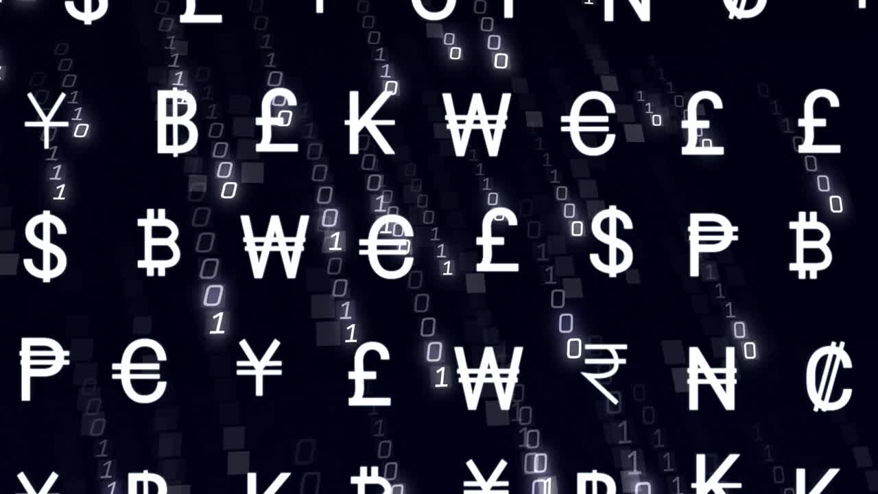 Animazione di elaborazione dati digitali su icone di valuta e codifica binaria