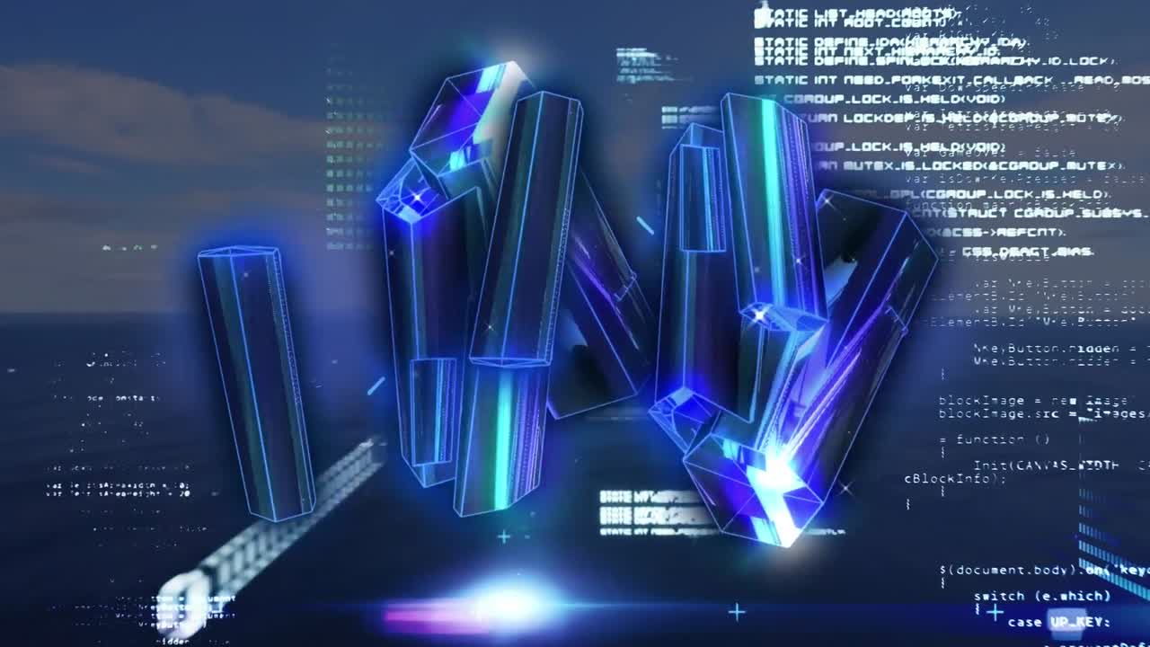 빛나는 노란색 블록의 애니메이션이 바다 풍경 위의 데이터 처리 위에서 회전합니다.