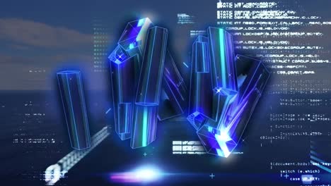 Animation of glowing yellow blocks rotating over data processing over seascape