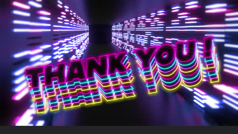 animation of thank you over neon lights on violet background