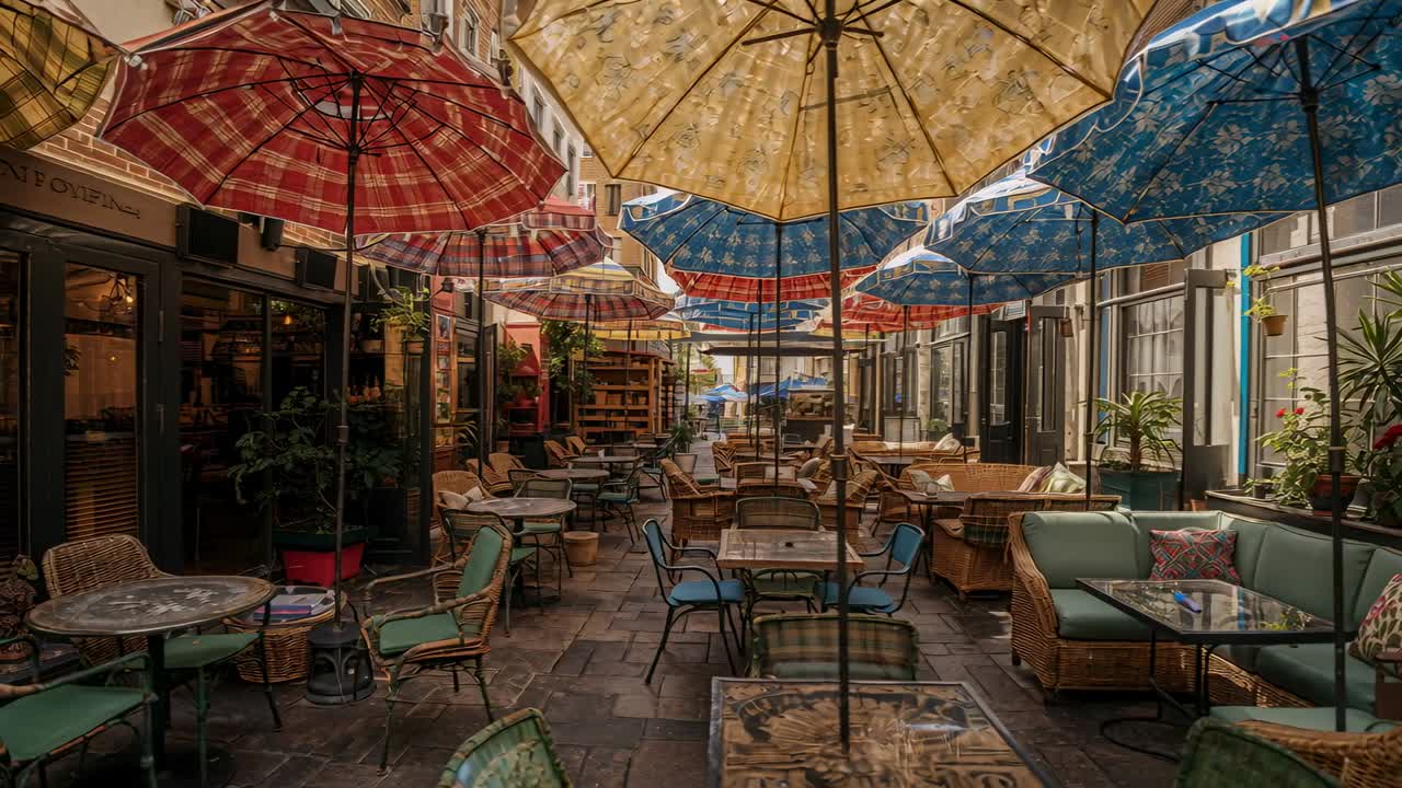La macchina fotografica risponde al sole intenso scattando molte foto che mostrano i cambiamenti di luce in un vicolo di caffè, con ombrelli.
