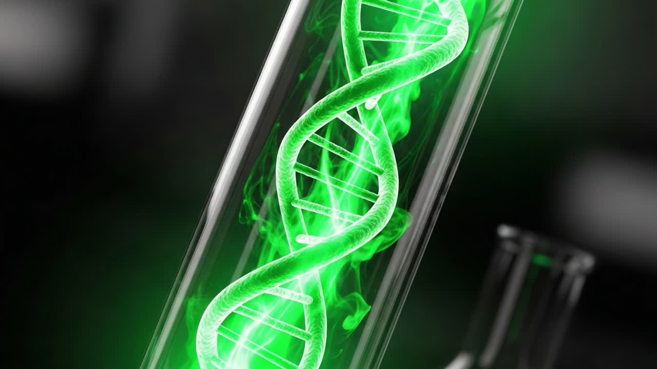 Illuminated DNA Helix in Test Tube: A Fascinating Glimpse into Genetic Science and Biotechnology, Highlighting the Beauty of Molecular Structures in Green Light