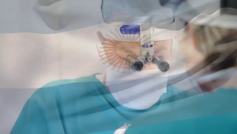 animación de la bandera argentina ondeando sobre los cirujanos en el quirófano