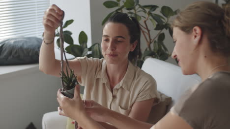 dos mujeres colocando una olla de flores en el colgante de plantas de macrame