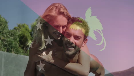 carrying partner piggyback, couple with flag overlay in sunny outdoor animation