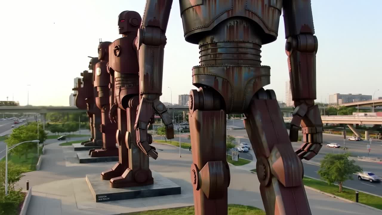 A Stunning Display of Monumental Metal Figures Standing Tall in a Modern Urban Landscape: Exploring Artistic Expression Through Unique Sculptural Design