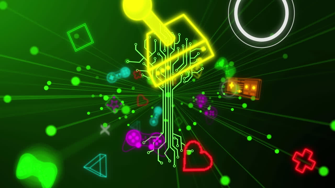 animación de circuitos integrados sobre iconos tecnológicos en el espacio digital