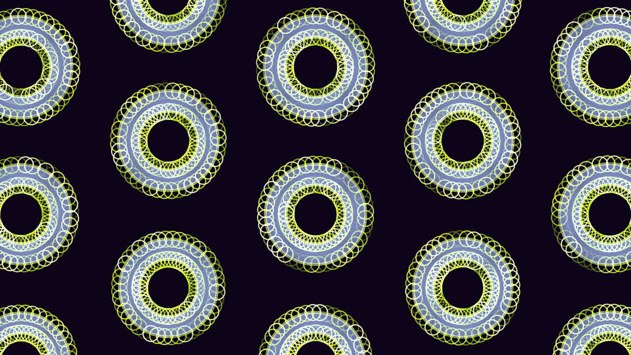 Abstract blue circle pattern on black background overlapping lines and dots