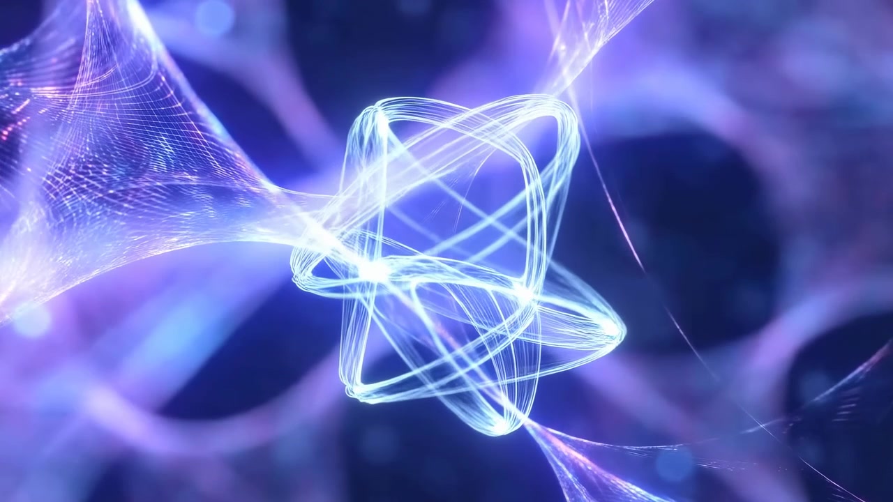 Linee curve luminose bianche e blu si muovono su uno sfondo scuro, formando forme astratte a strati con movimento fluido, punti luce brillanti e profondità visiva atmosferica per tutta la sequenza