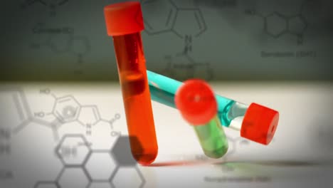 test tubes falling with molecules and structural formula of chemical compounds in the foreground