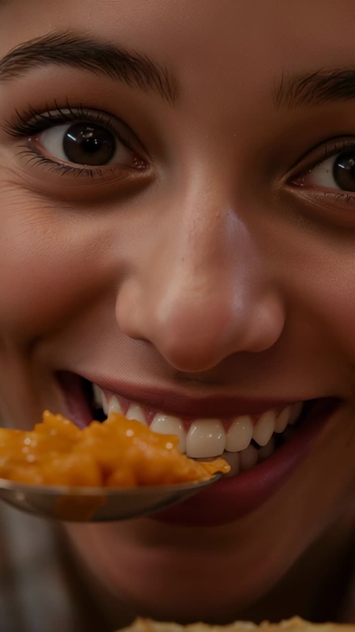 Vertical video: Smiling woman opening mouth as spoon approaches in kitchen, tasting orange mash