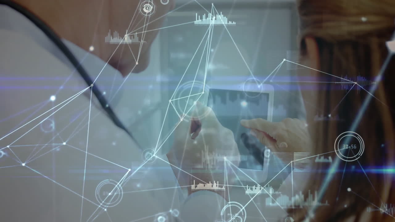 Doctor and patient exploring telemedicine data on tablet with floating charts and network nodes