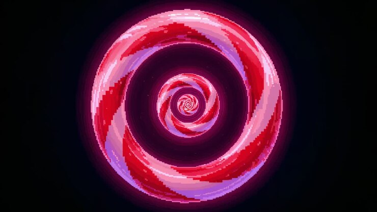 Anelli a spirale lucidi e pulsanti che ruotano verso l'interno ed espandendosi nel vuoto oscuro, alone al neon