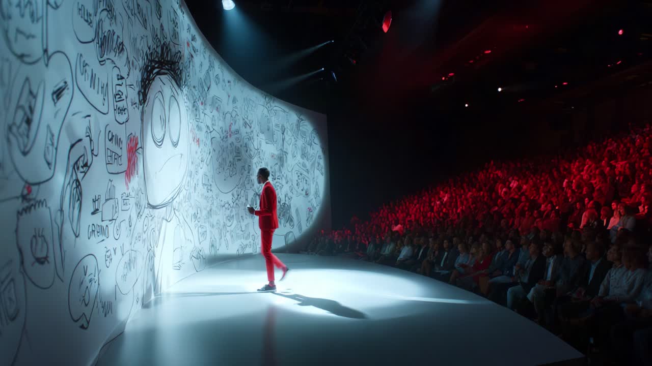 Engaging Presentation on Stage with Artistic Background and Audience Applause, Highlighting Creativity and Expression in a Dynamic Theatre Environment