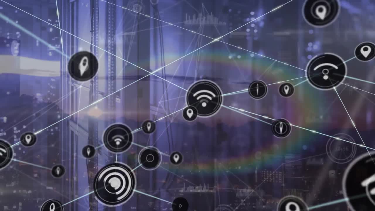 animación de la red de conexiones con iconos y procesamiento de datos a través de servidores informáticos