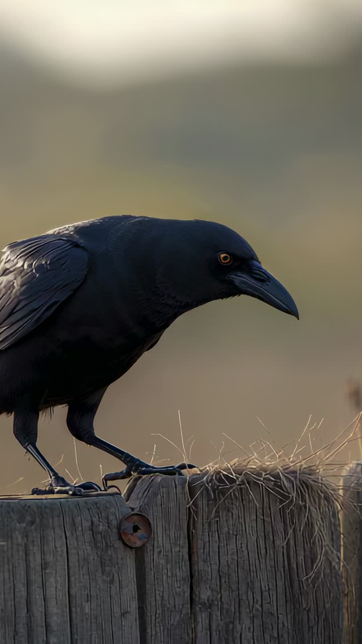 Vertical video: Morning light nudging black bird, raising and tilting head on fence post with twine