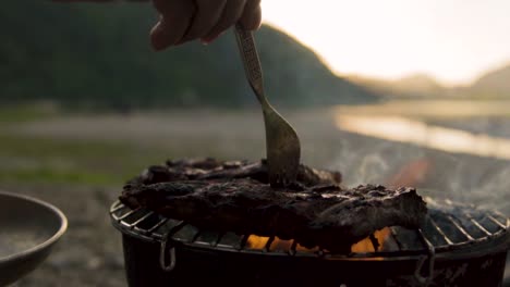 느린 동작으로 그릴에 맛있는 스테이크와 함께 호수에서 야외 바비큐