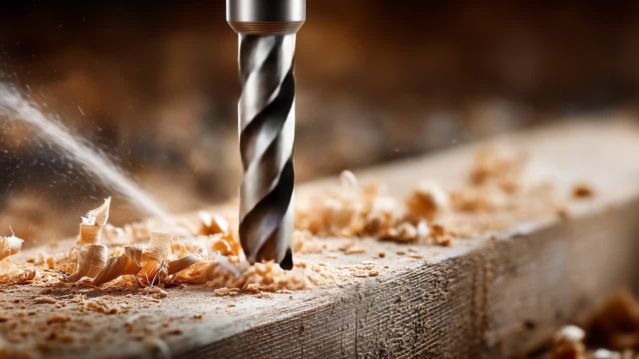 Präzisionsholzbearbeitung: Der Prozess des Bohrens in Holz mit einem Spiralbohrer, eingefangen mit Spänen und Hobelspänen der Handwerkskunst in Aktion.