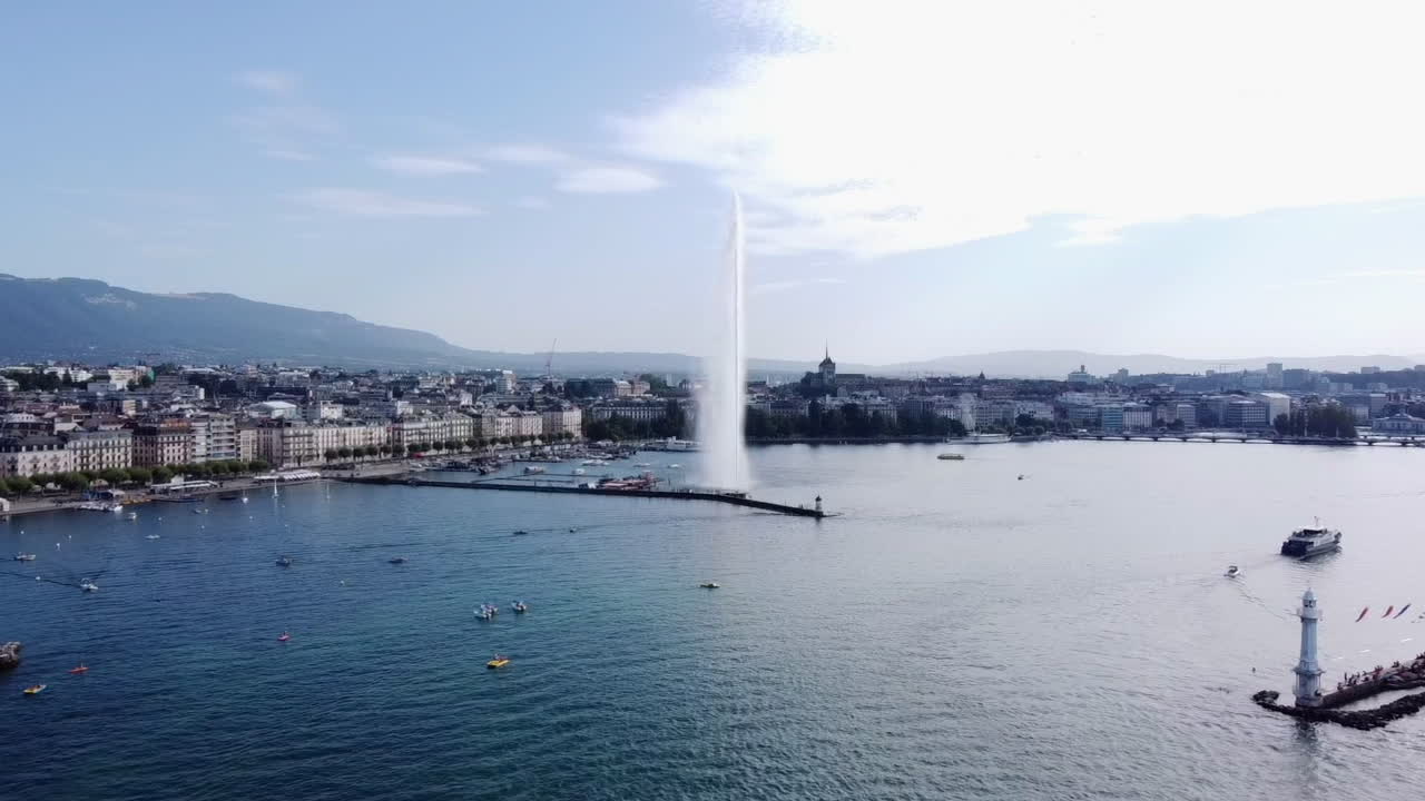 Aerial flying towards Jet d'Eau fountain on sunny day, Geneva pier