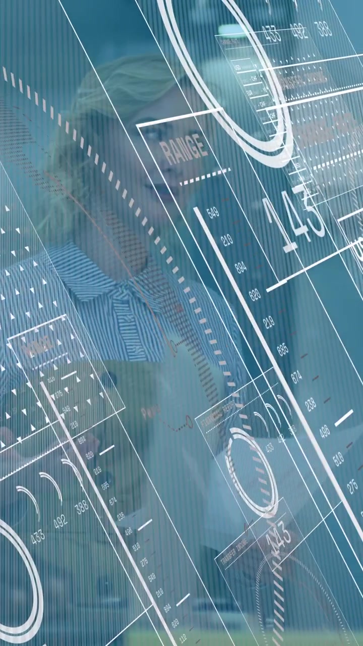 Animation of financial data processing over diverse business people working at office