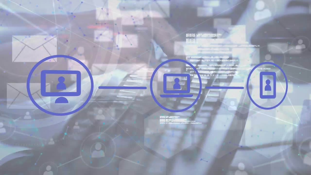 Animation of network of connections with icons and data processing over hands typing on keyboard