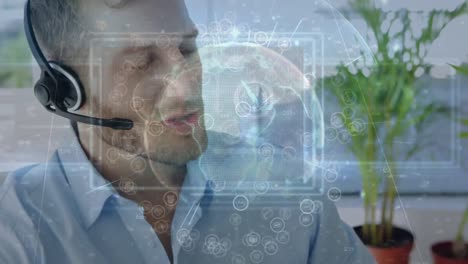 Animation-of-globe-over-business-man-using-phone-headset