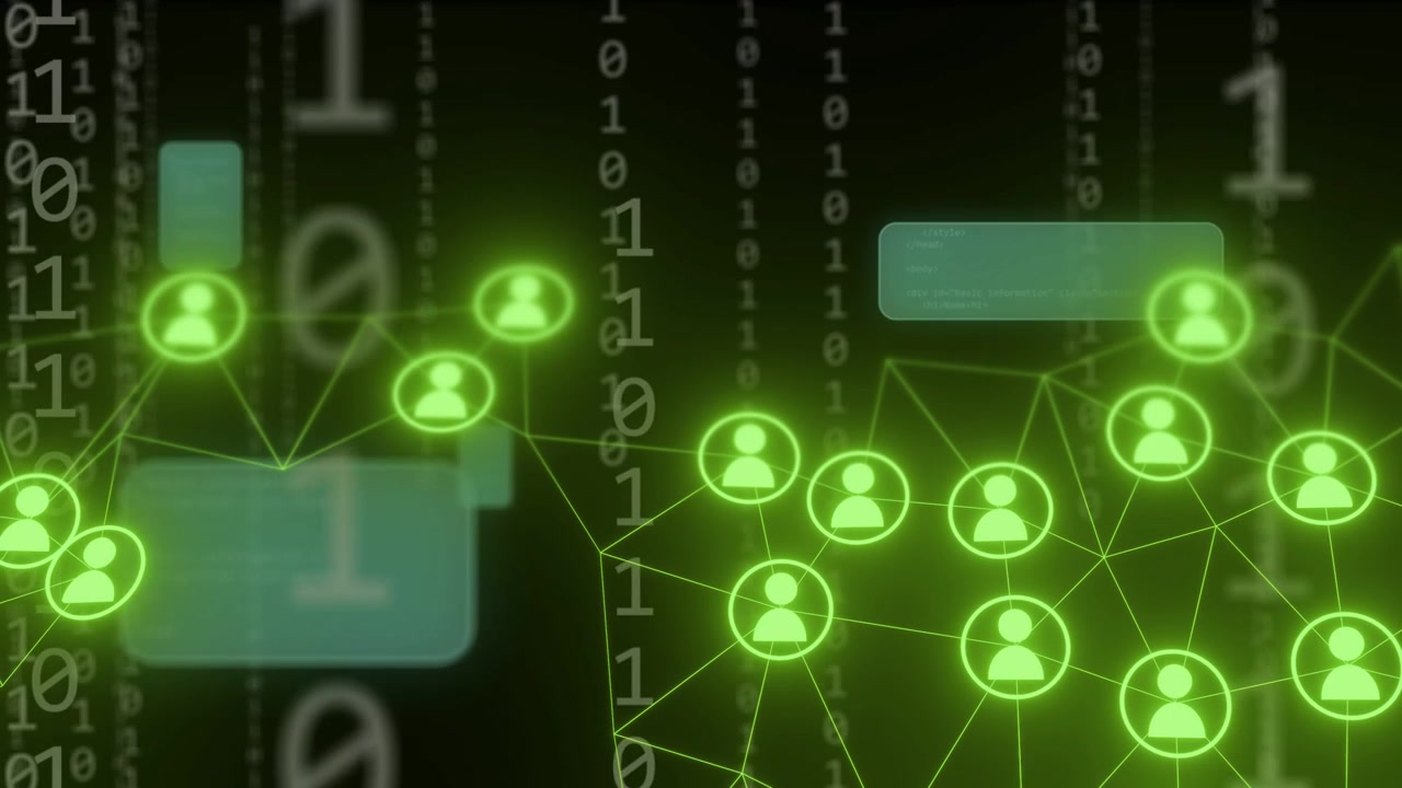 Binary digits cascading, green user nodes linking and pulsing, panels drifting for data exchange