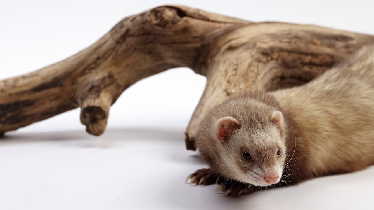 Furetto sdraiato e rilassato davanti a un ramo d'albero, isolato su sfondo bianco - primo piano sul muso