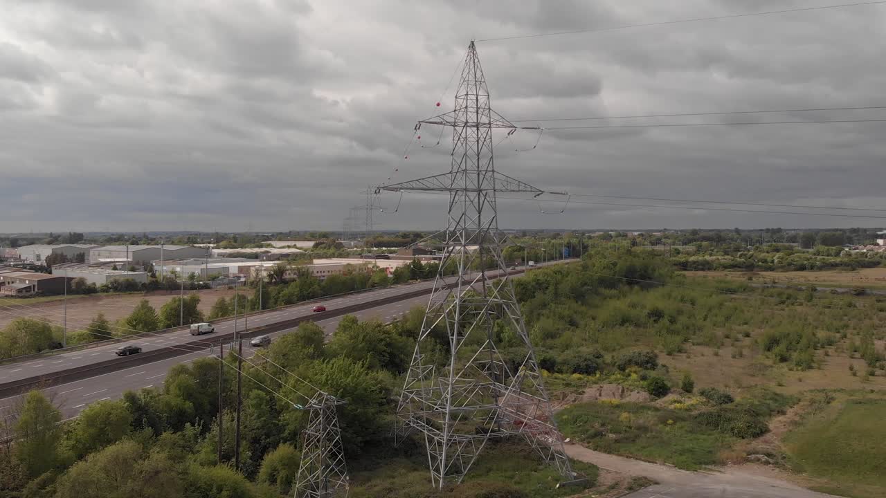 Electrical power infrastructure of Dublin Ireland on a gloomy day aerial