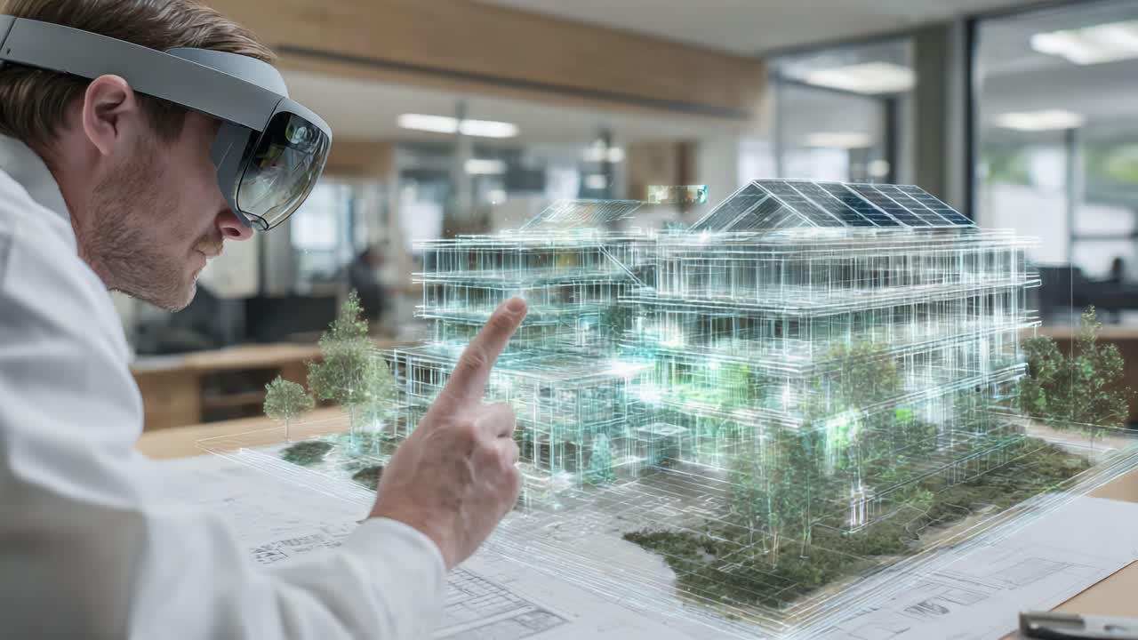 Innovative Architect Utilizing Augmented Reality Technology to Design Sustainable Building with Solar Panels and Lush Greenery in Modern Workspace