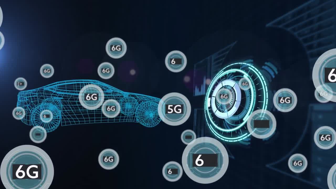 검은 바탕에 디지털 자동차와 범위 스캐닝을 통해 6g 텍스트의 애니메이션