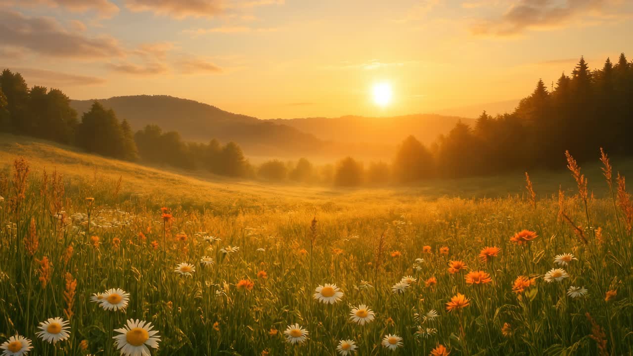 A serene landscape video captures a sunrise over a meadow with wildflowers