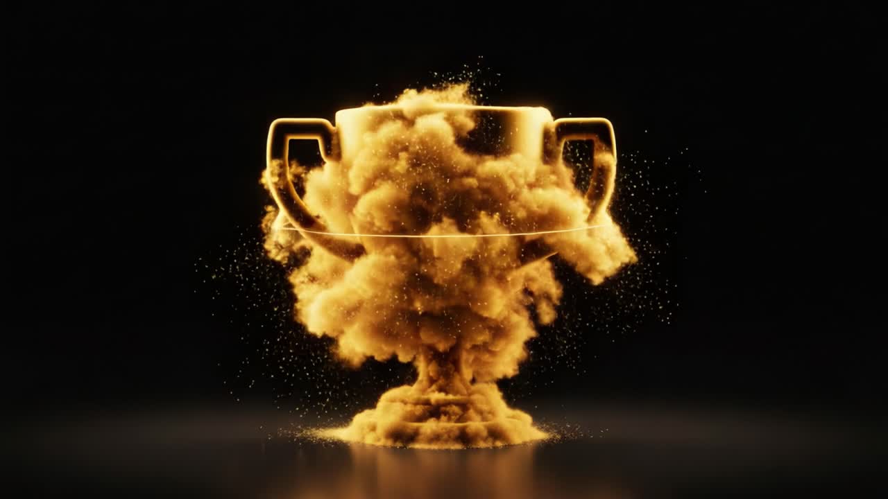 A Stunning Golden Trophy Emerging from a Cloud of Sparkling Dust, Symbolizing Achievement, Success, and Celebration in a Unique Visual Display