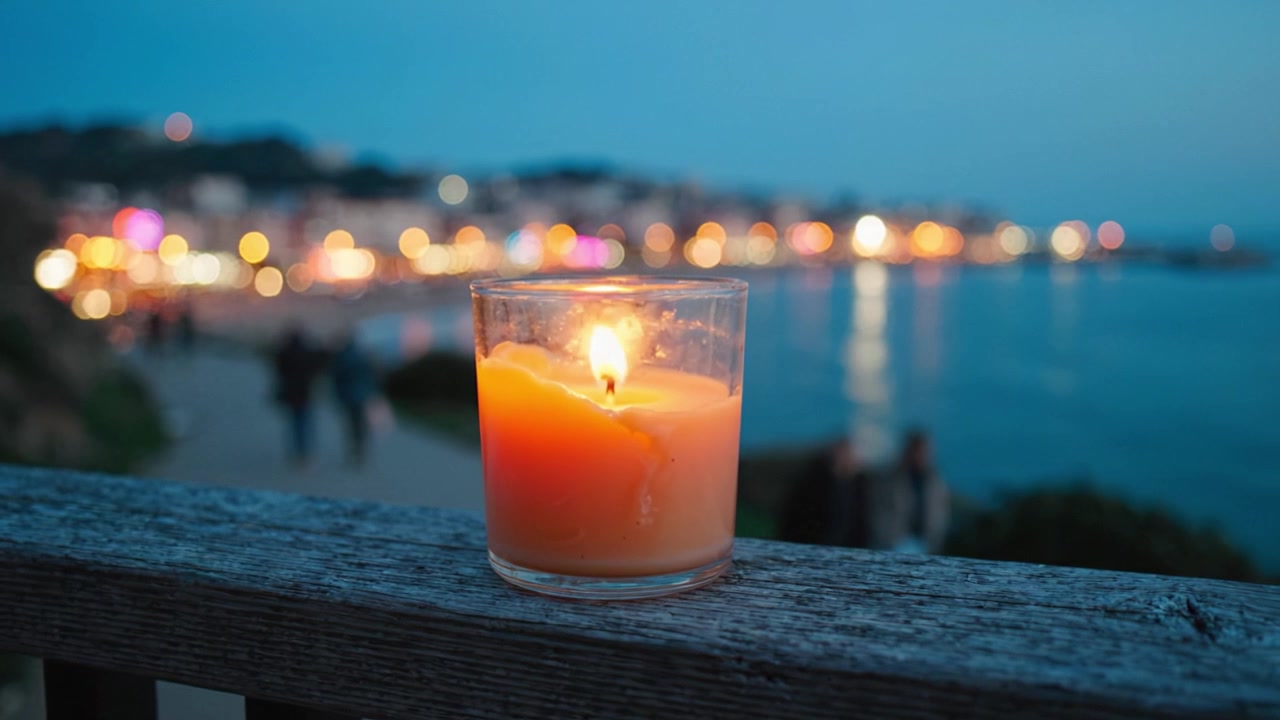 Klidná večerní scéna s hořící svíčkou u vody, obklopená zářivými bokeh světly, odrážející klidnou atmosféru a krásu přírody.