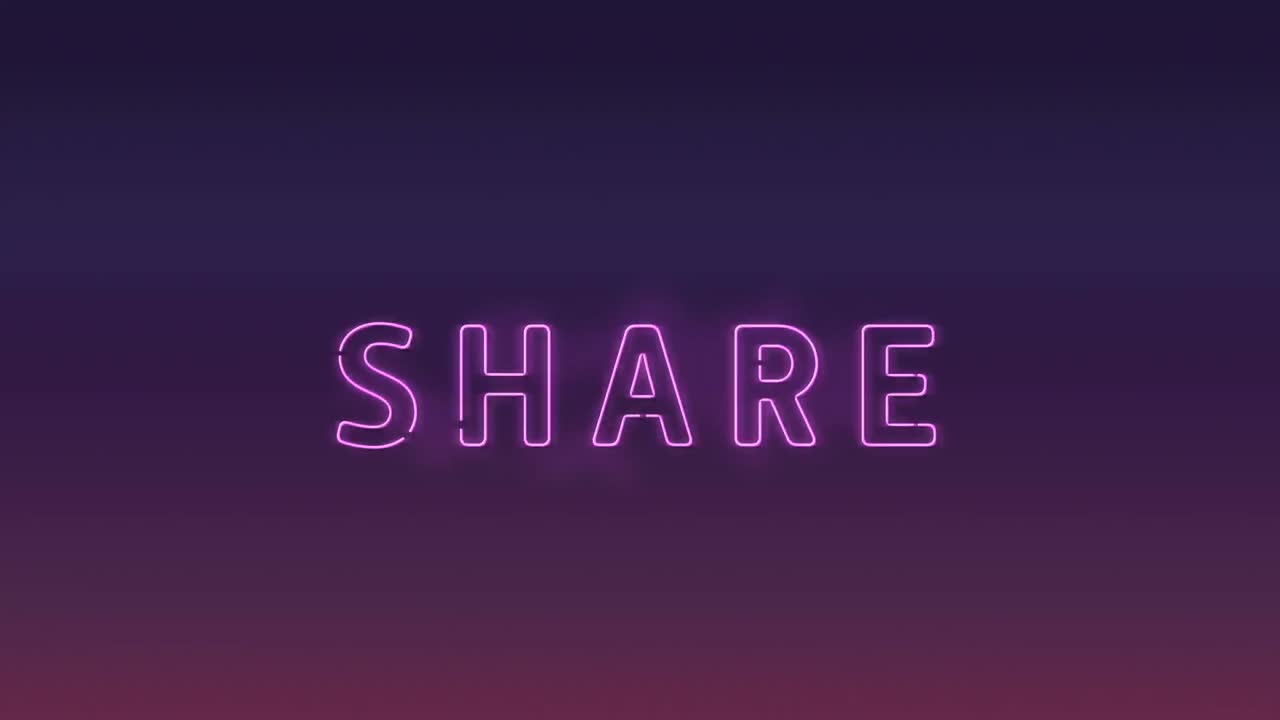 Animation of pink word Share flickering on dark purple background