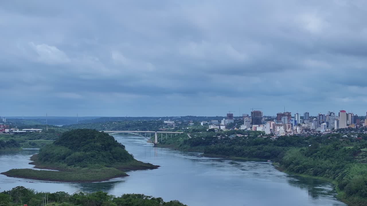 Drone view of the Parana River, the natural border between Foz do Iguaçu and Ciudad del Este in Paraguay, on the right