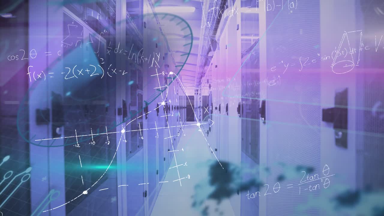 animación de escáner redondo, rastro de luz rosa y ecuaciones matemáticas contra la sala de servidores de computadora.