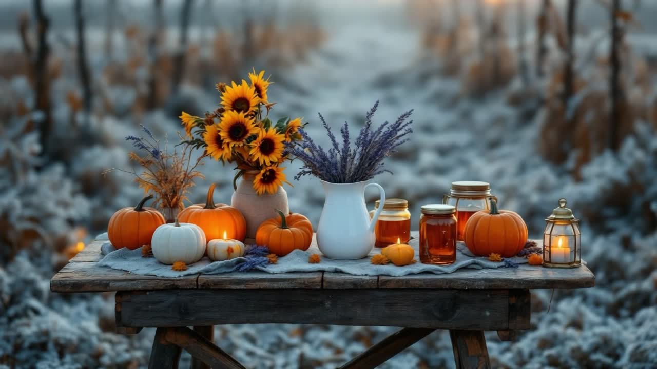 Cozy autumn still life with pumpkins, sunflowers, honey jars, lavender and burning candles on a rustic wooden table in a frosty garden