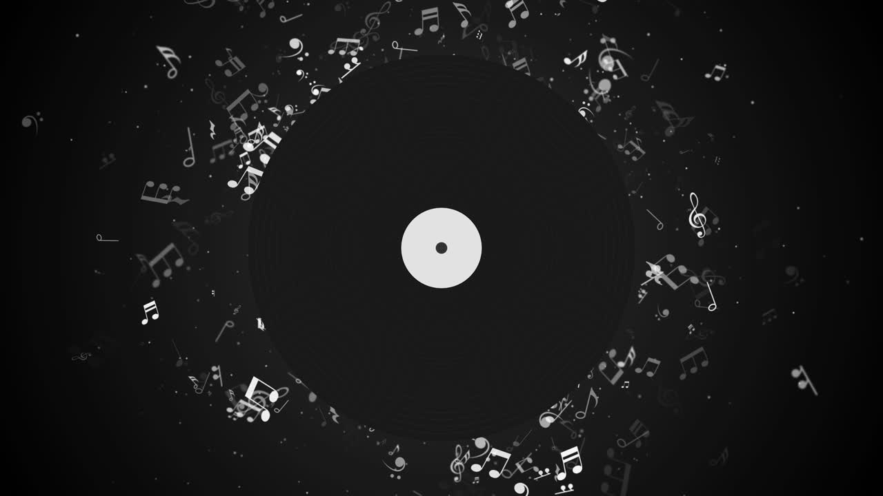 Abstract music black background with notes and vinyl. Musical backdrop. Looped animation. Copy space.