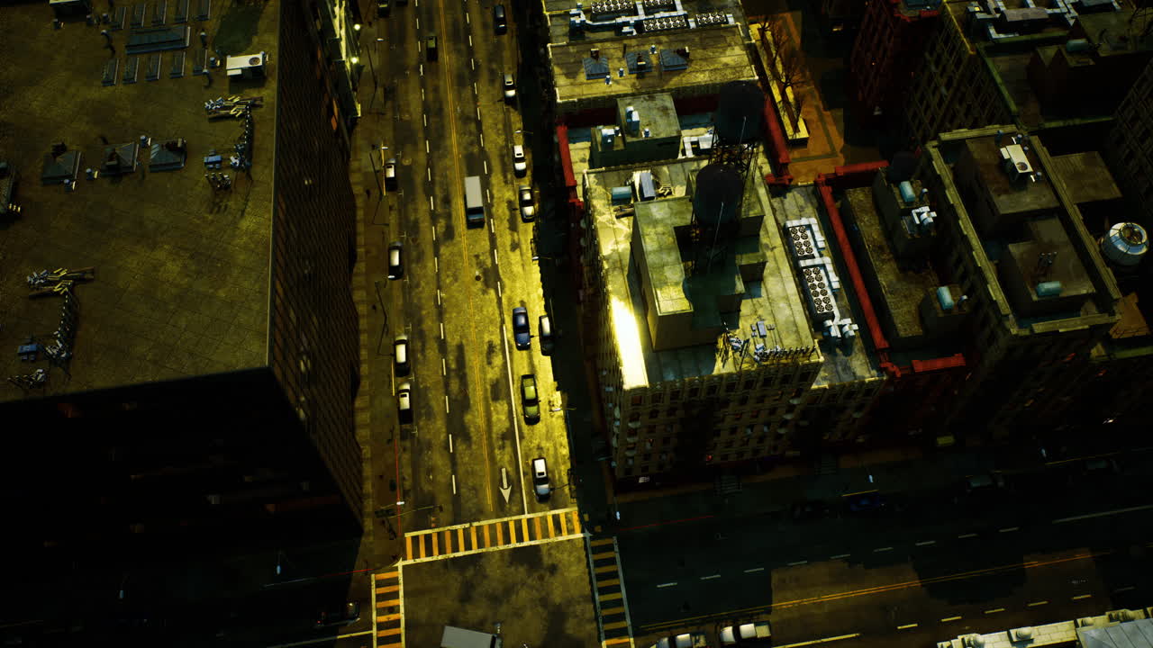 Busy city street at dusk with illuminated buildings and traffic flow