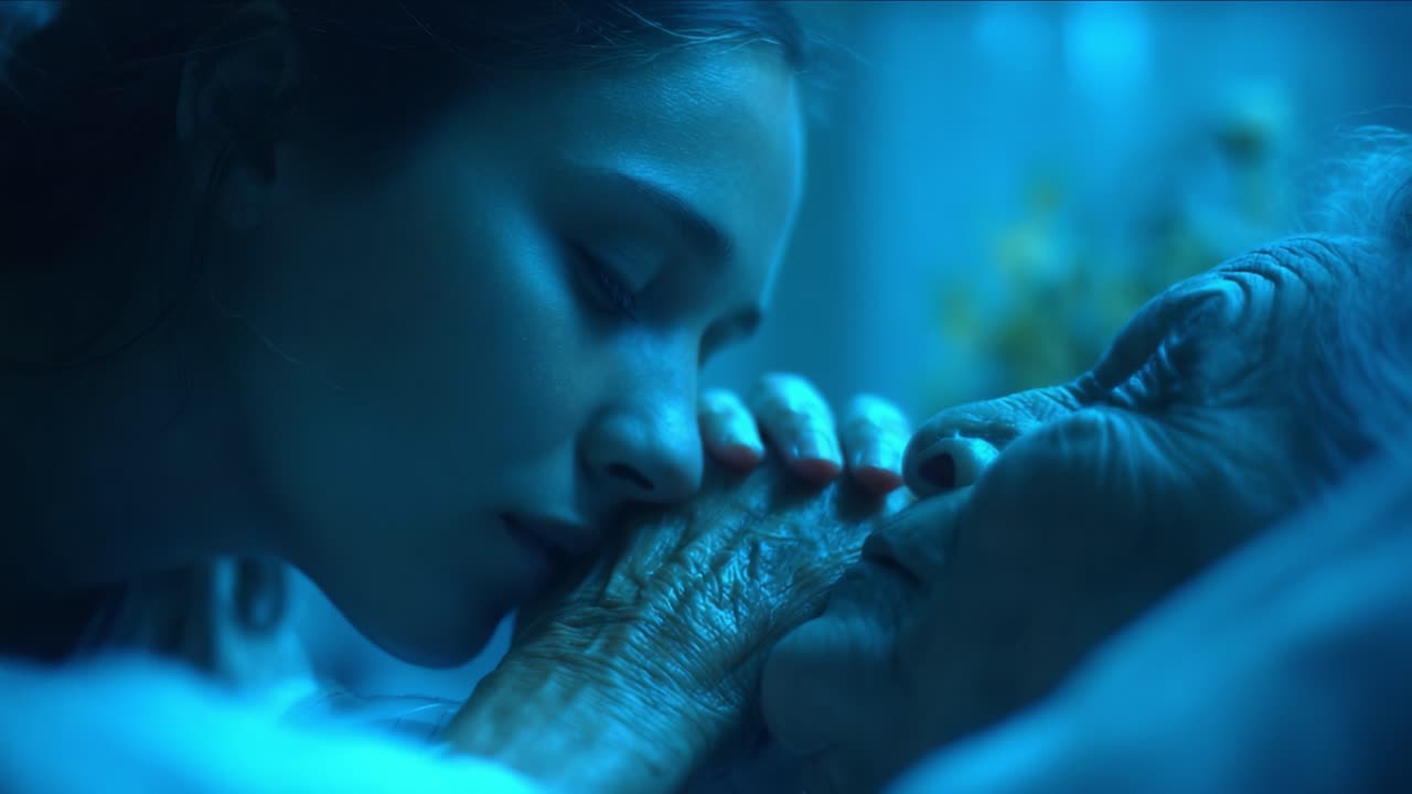 Un momento toccante di connessione: una giovane ragazza abbraccia dolcemente la sua parente anziana, condividendo un gesto intimo e affettuoso in una stanza illuminata soffusamente.