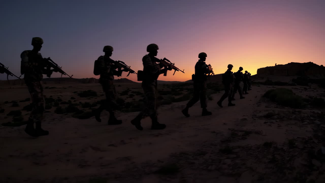 patrulla militar en el desierto al atardecer