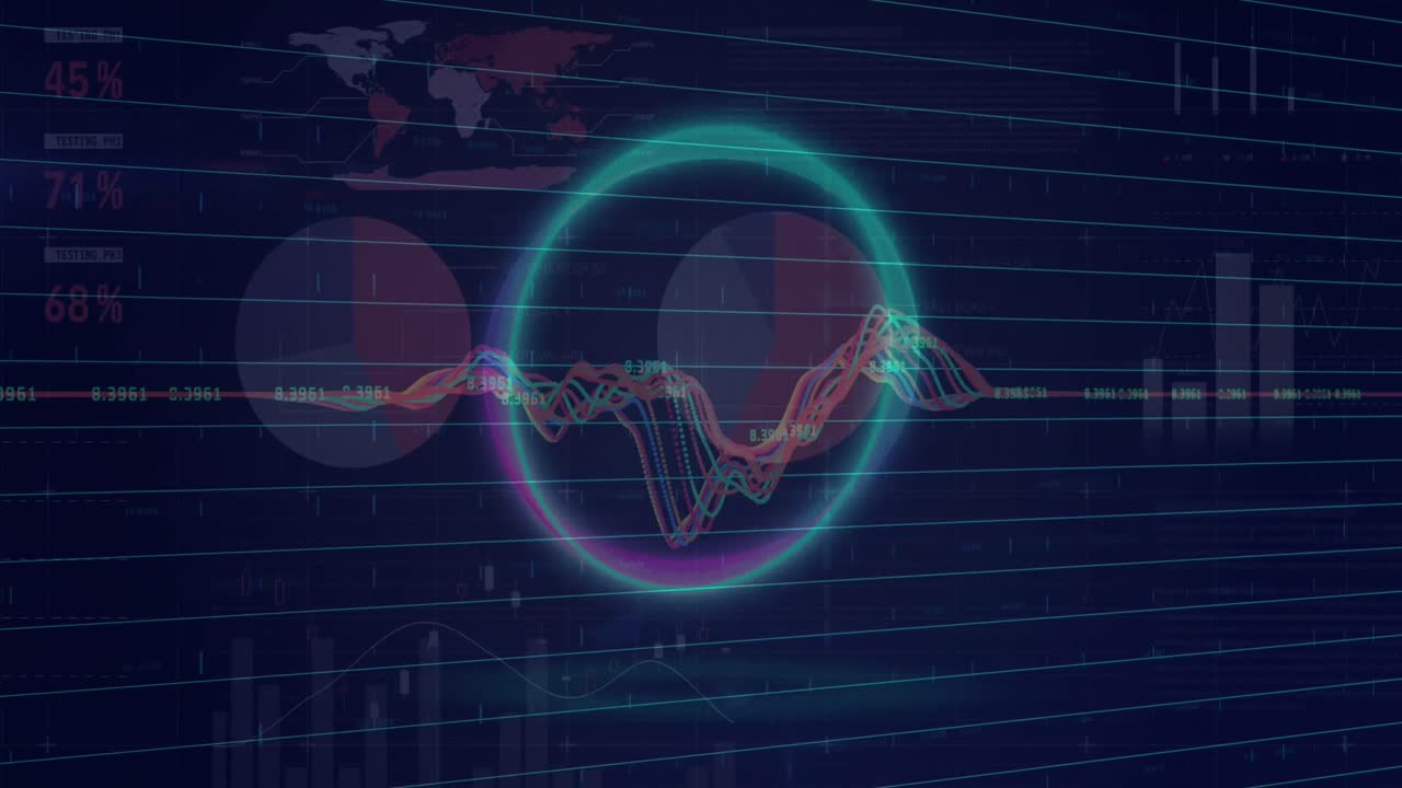 Animation of neon circle over graphs and data on navy background