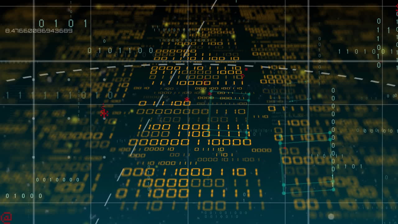 Animation of grid lines over numeric and text data processing on black background