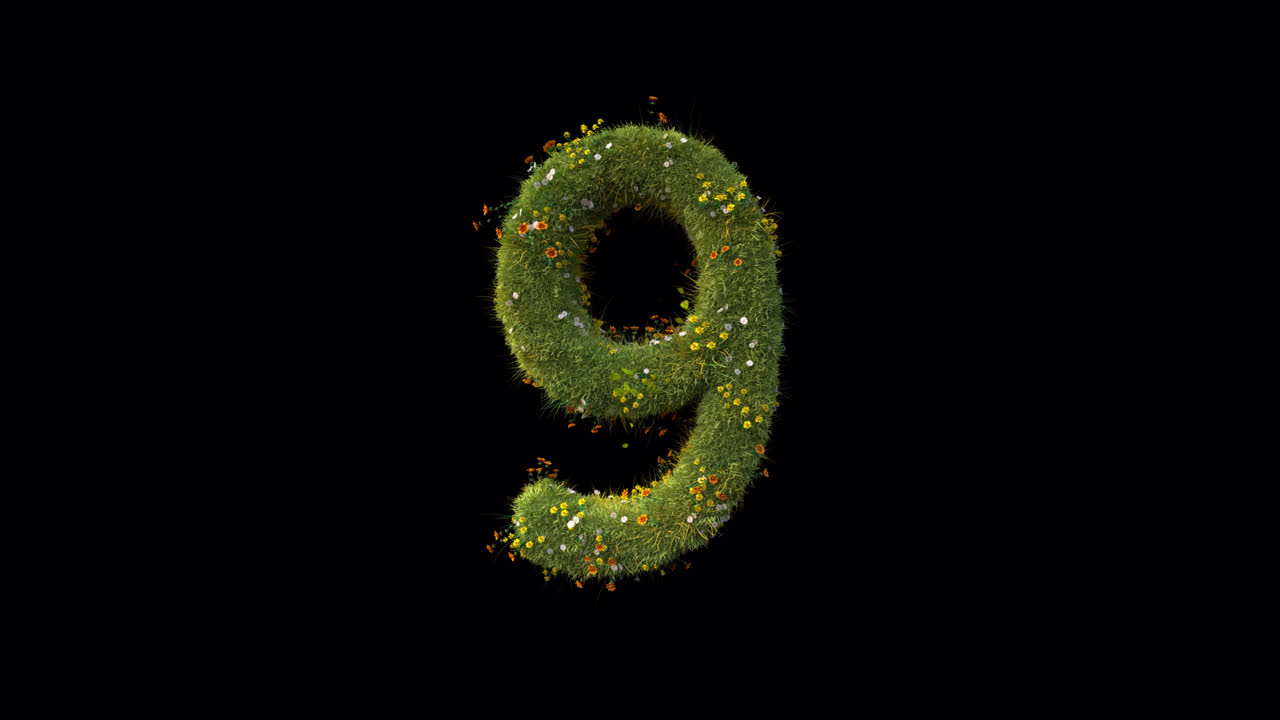 Number Nine Growing with Grass and Flowers on Black Background