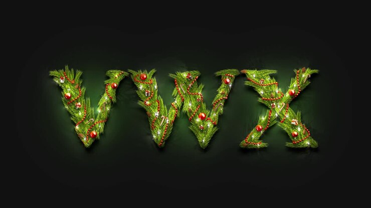 Decoratieve VWX-letters, Nieuwjaarslettertype mockup in het donker.