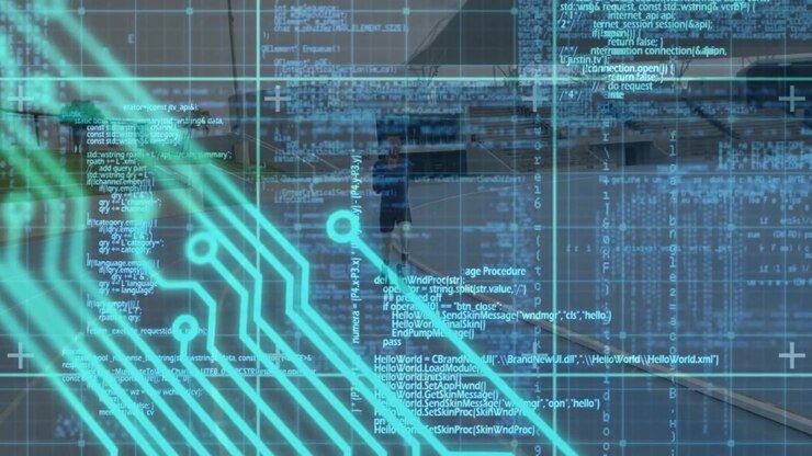 Man Jogging on Track with Digital Data Overlay