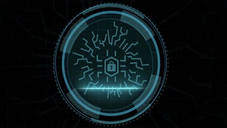 animation of integrated circuit and padlock in circle and cyber security on black background
