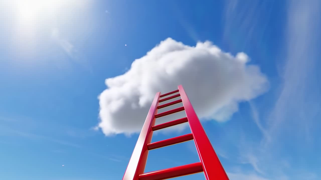Upward angle of a red ladder reaching a cloud in a blue sky, concept of aspiration in video