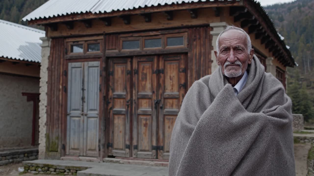 Elderly man wrapped in a warm blanket stands confidently in front of a rustic wooden building, showcasing resilience and character in a serene outdoor setting